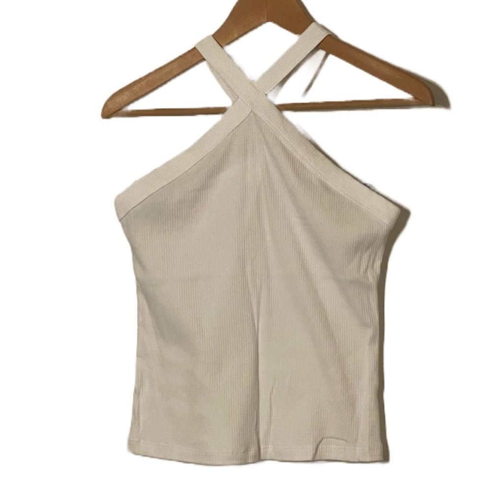 SO White Cotton Blend Ribbed Sleevless Tank Top with Criss Cross Neck Detail